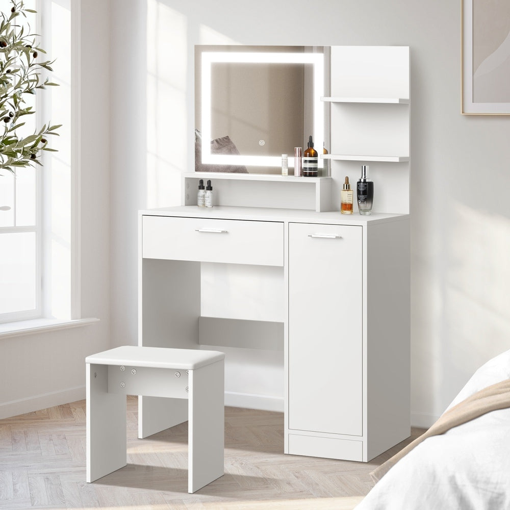 Amoure Hollywood Dressing Table and Stool Set | LED Strip Mirror Storage Makeup Desk Cabinet