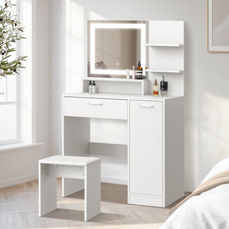 Amoure Hollywood Dressing Table and Stool Set | LED Strip Mirror Storage Makeup Desk Cabinet
