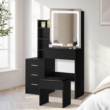 Princess Zara Hollywood LED Dressing Table Stool Set | Slide LED Mirror Extra Storage Makeup Desk Cabinet