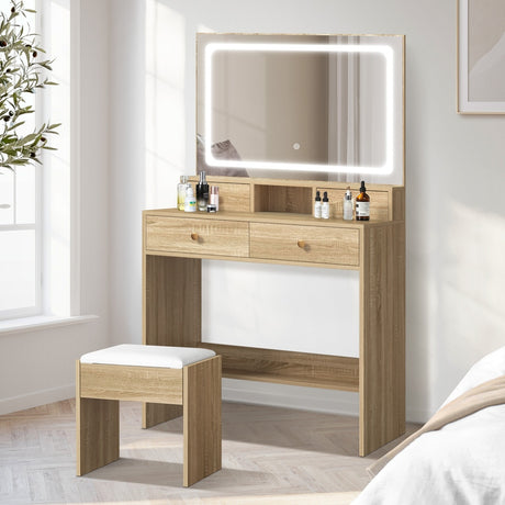 Princess Mila Hollywood Dressing Table Stool Set | LED Strip Mirror Storage Makeup Desk Cabinet