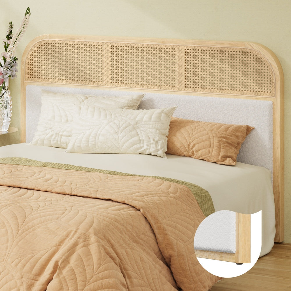 Leana Boucle Rattan Headboard | Coastal Look Wooden Queen Size Boucle Bed Head