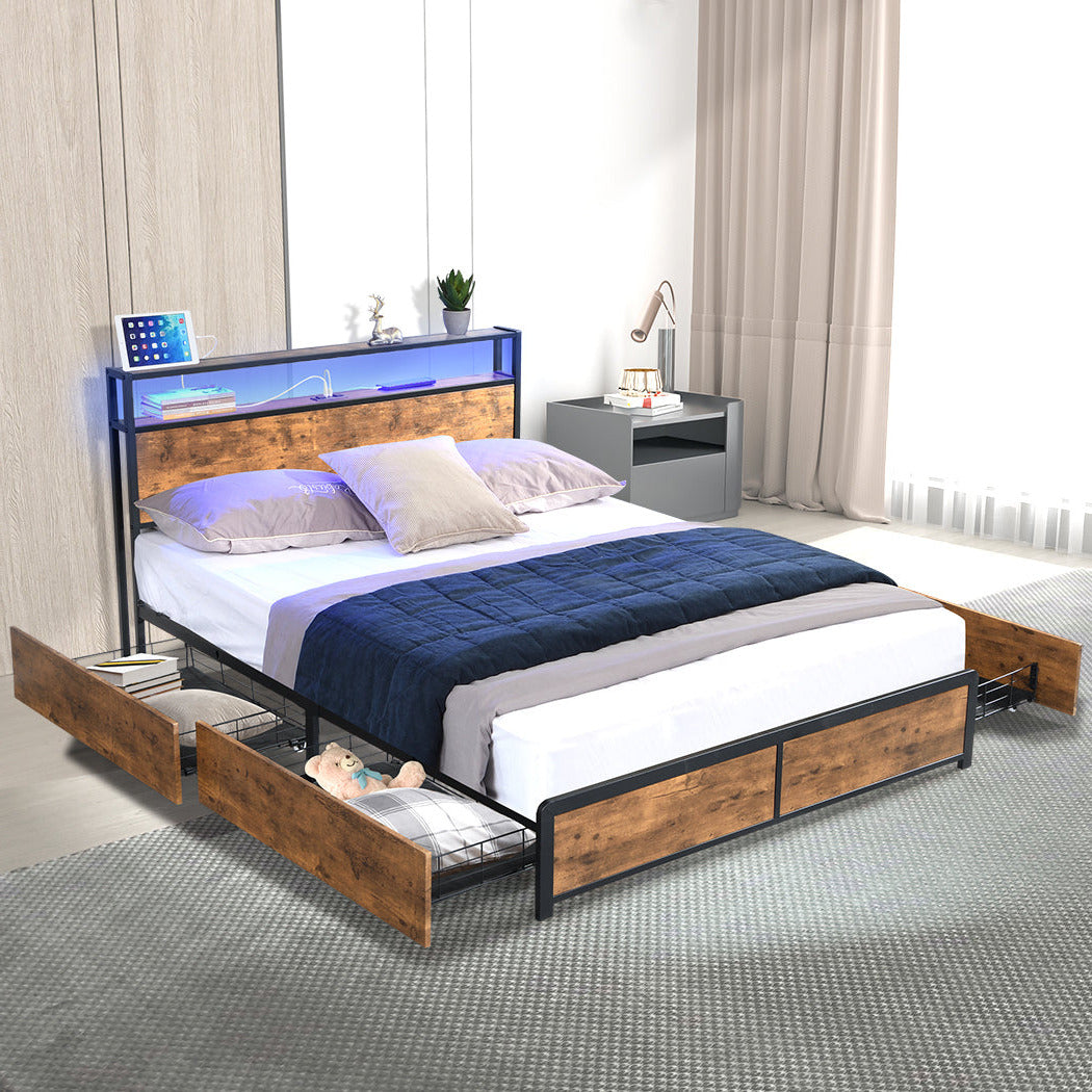 Belacio Wood Metal LED Storage Bed and 4 Draws | Multi Functional Storage LED Lights USB Bed Frame