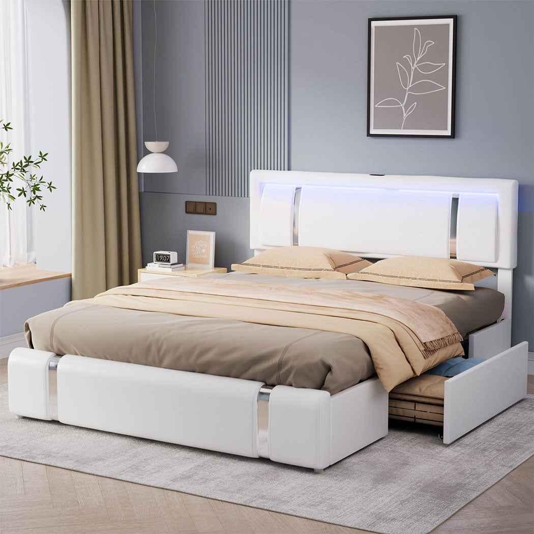 Aria Luxury LED PU Leather 2 Draw Storage Bed with USB | Adjustable Headboard Soft Padded Bed Frame