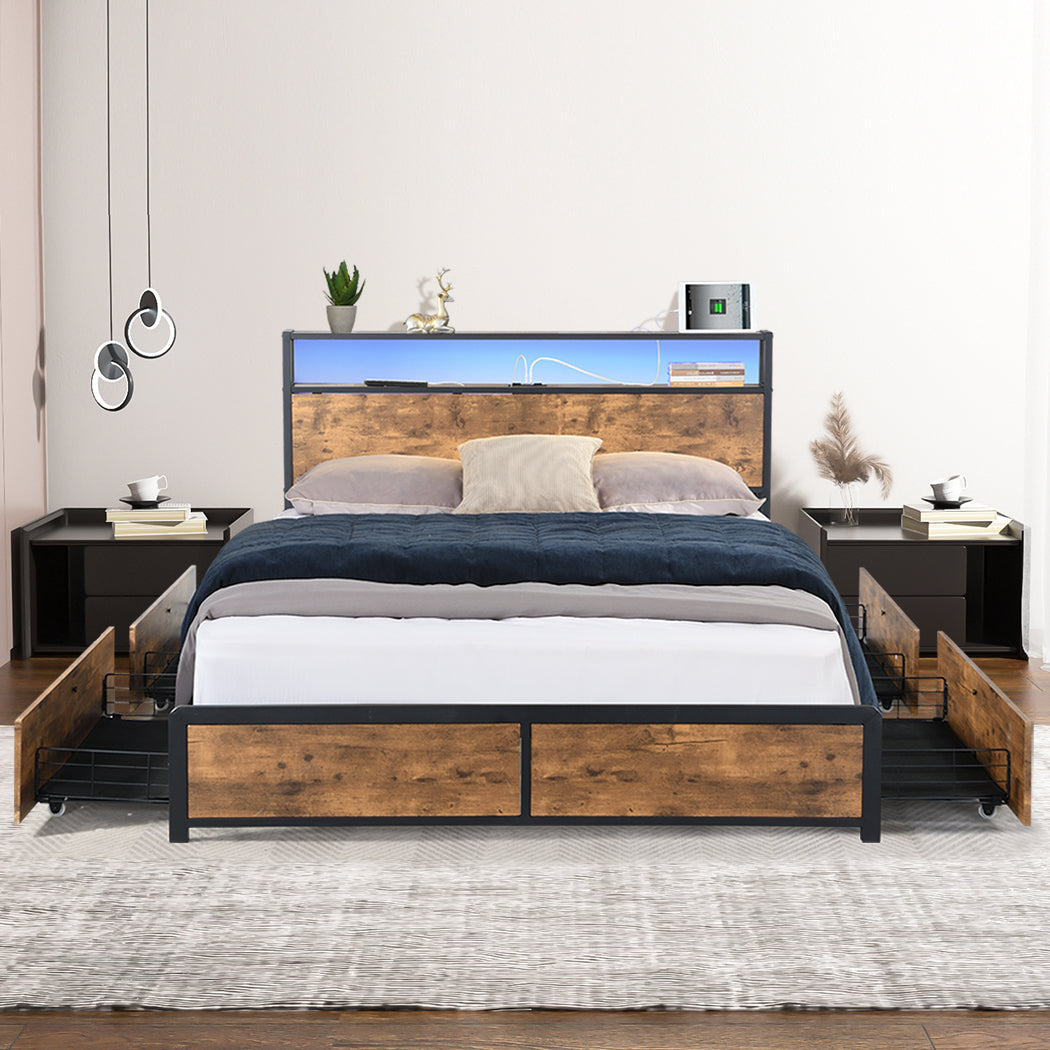 Belacio Wood Metal LED Storage Bed and 4 Draws | Multi Functional Storage LED Lights USB Bed Frame