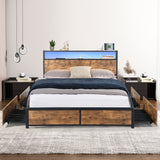 Belacio Wood Metal LED Storage Bed and 4 Draws | Multi Functional Storage LED Lights USB Bed Frame