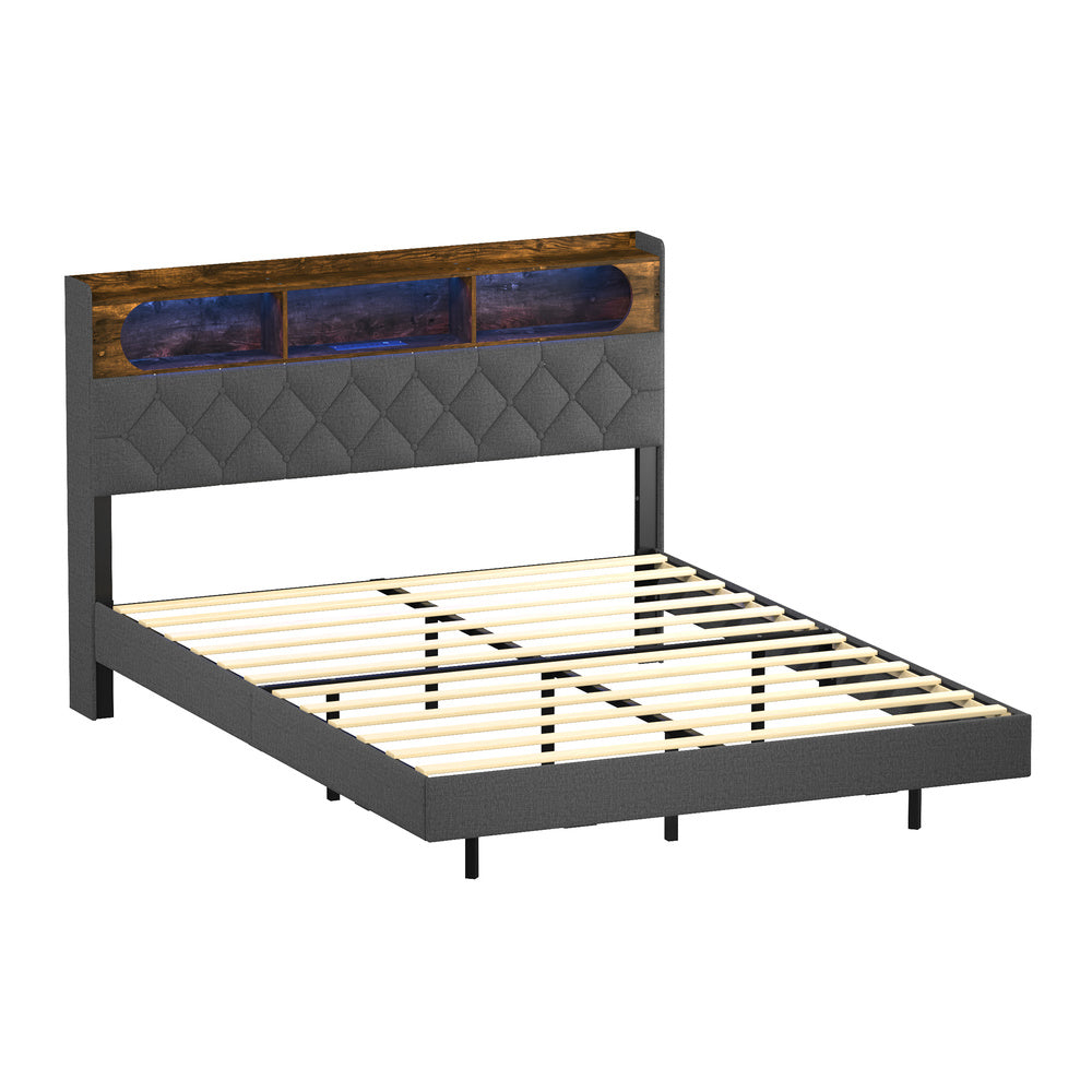 Brighton Modern LED Lights Bed w USB Charging | Soft Fabric LED Floating Bed Frame