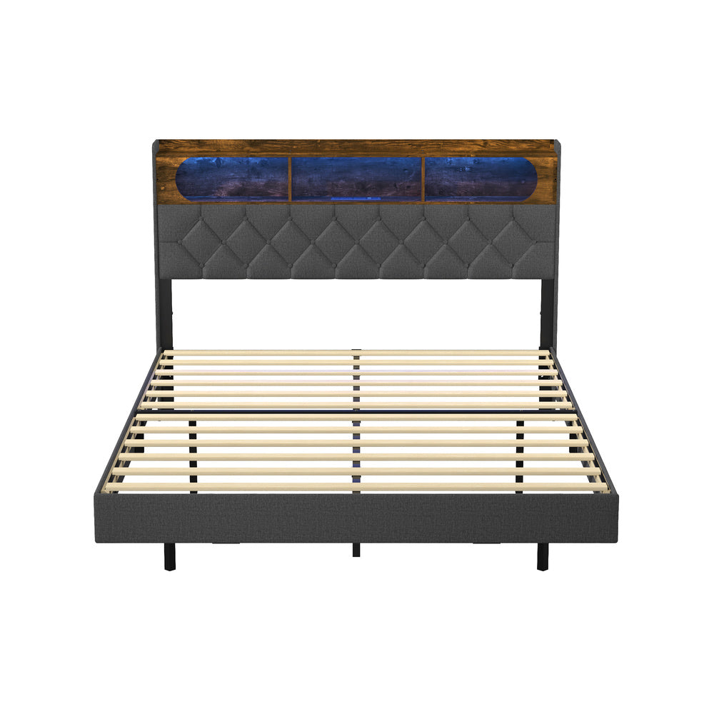 Brighton Modern LED Lights Bed w USB Charging | Soft Fabric LED Floating Bed Frame