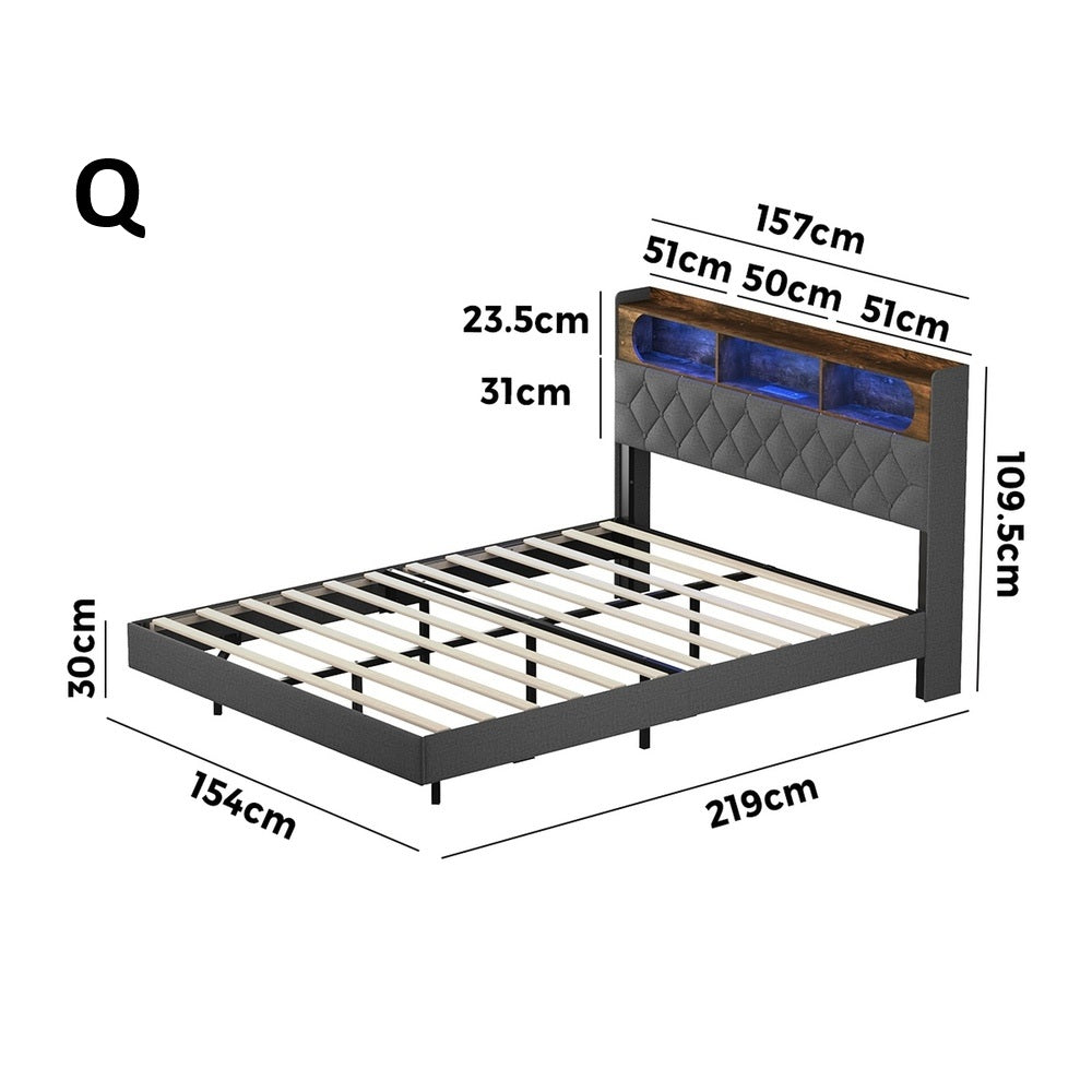 Brighton Modern LED Lights Bed w USB Charging | Soft Fabric LED Floating Bed Frame