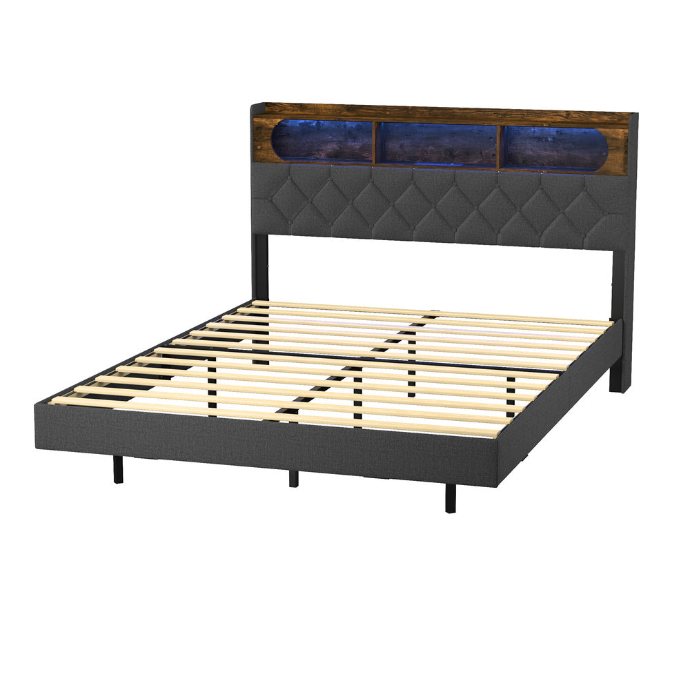 Brighton Modern LED Lights Bed w USB Charging | Soft Fabric LED Floating Bed Frame