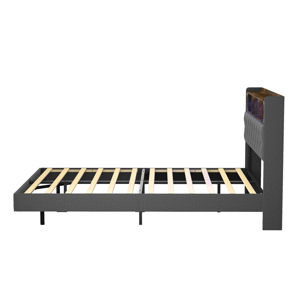 Brighton Modern LED Lights Bed w USB Charging | Soft Fabric LED Floating Bed Frame