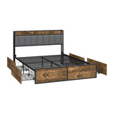 Toorak Wood Metal Storage Bed with AC USB Charging | Strong Frame Rustic Style Bed w 4 Storage Draws