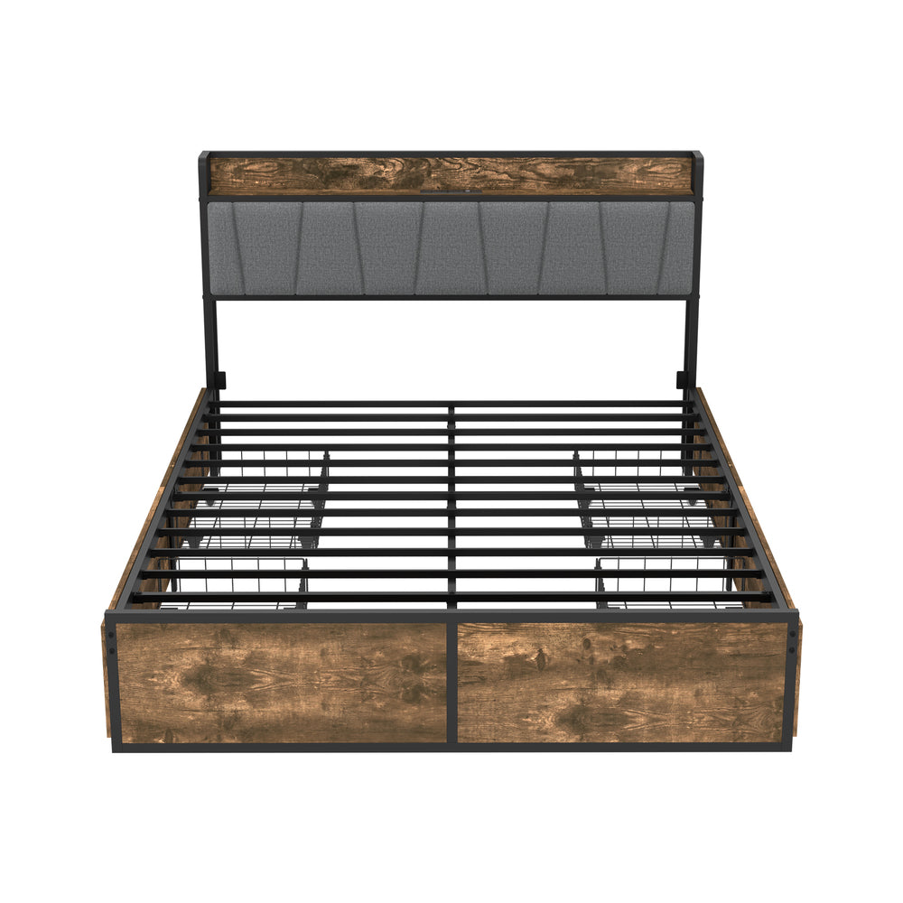 Toorak Wood Metal Storage Bed with AC USB Charging | Strong Frame Rustic Style Bed w 4 Storage Draws