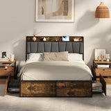 Toorak Wood Metal Storage Bed with AC USB Charging | Strong Frame Rustic Style Bed w 4 Storage Draws