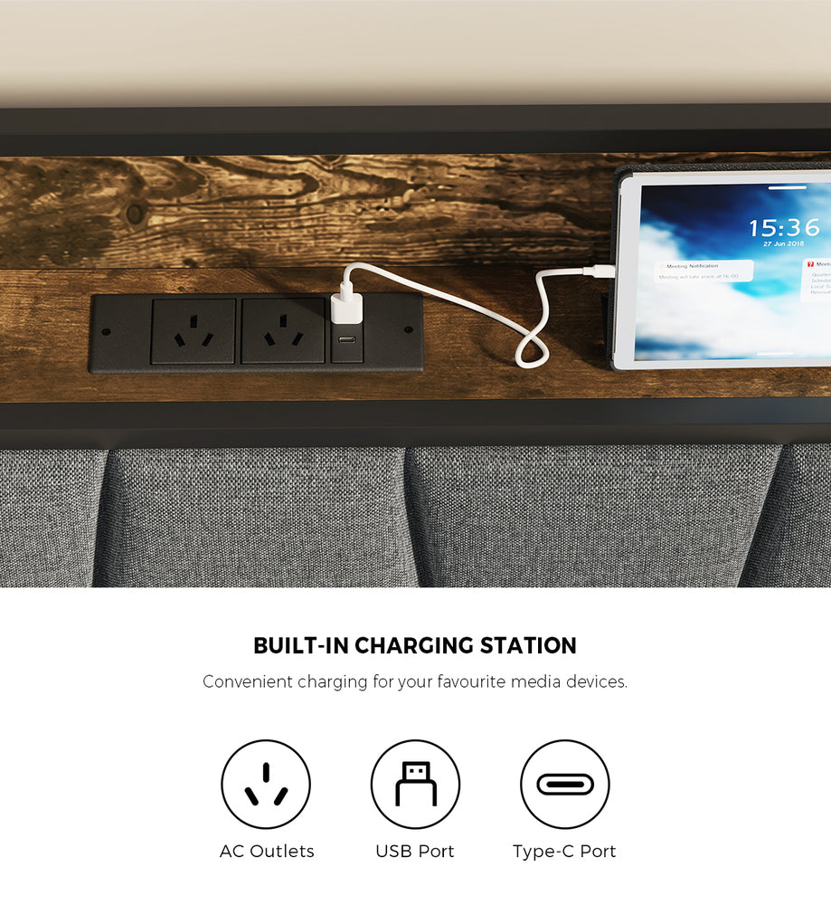 Toorak Wood Metal Storage Bed with AC USB Charging | Strong Frame Rustic Style Bed w 4 Storage Draws