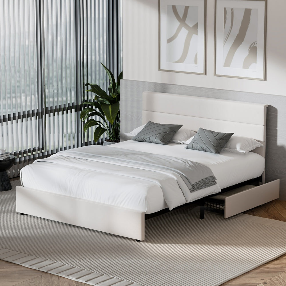 Kensington Padded Fabric Beige Bed | Cushioned Upholstered Luxe Fabric Bed Frame