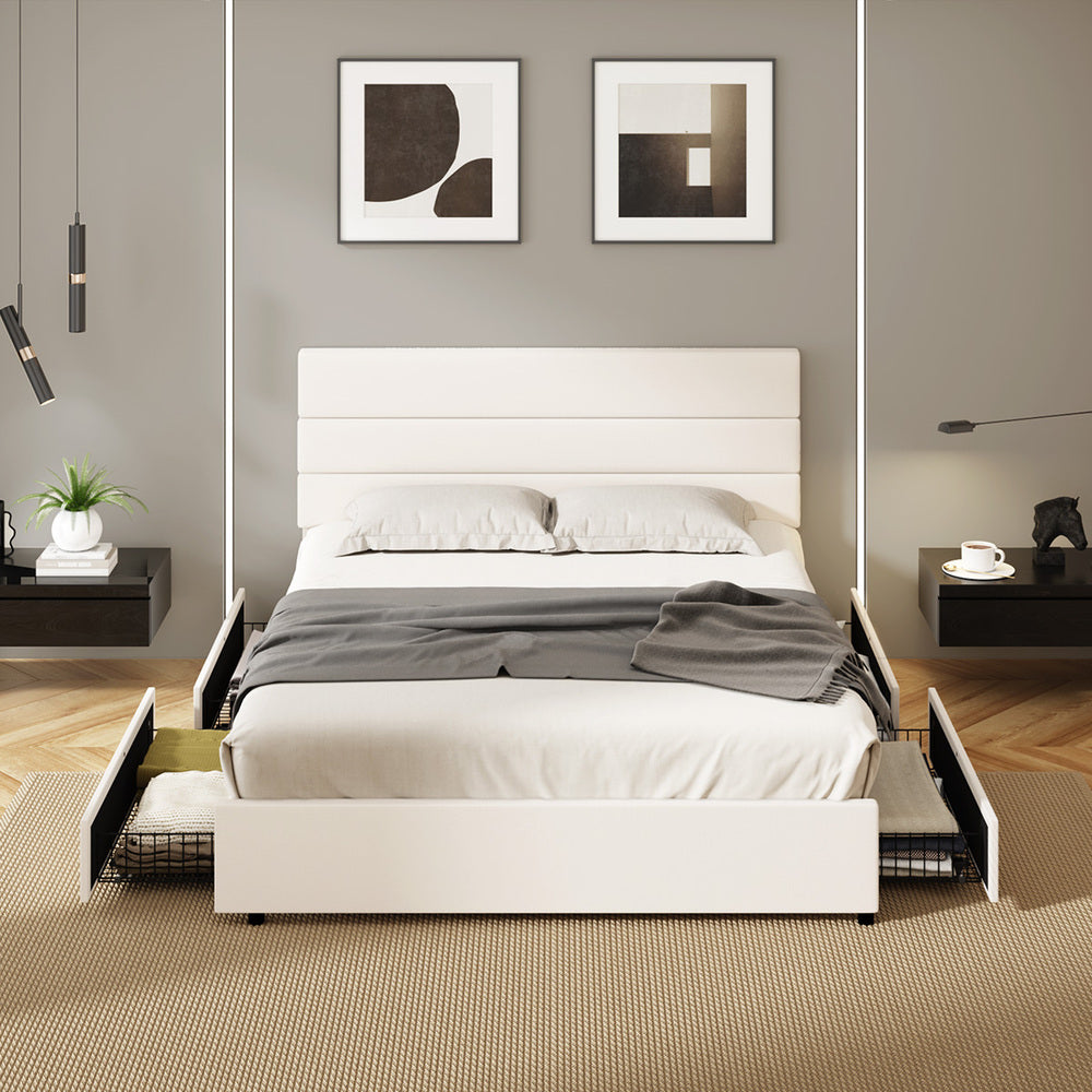Kensington Padded Fabric Beige Bed | Cushioned Upholstered Luxe Fabric Bed Frame