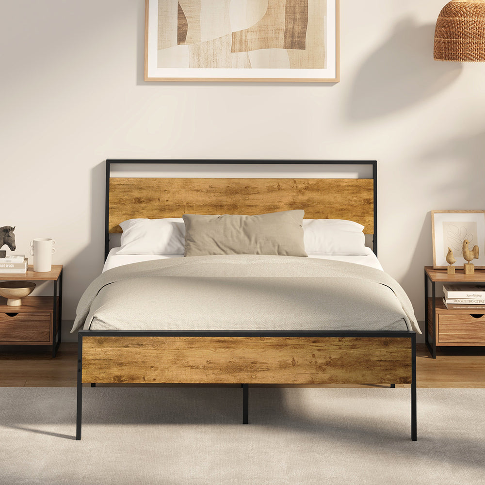 Aurelius Rustic Metal and Wood Bed | Strong Steel Support Platform Bed Frame