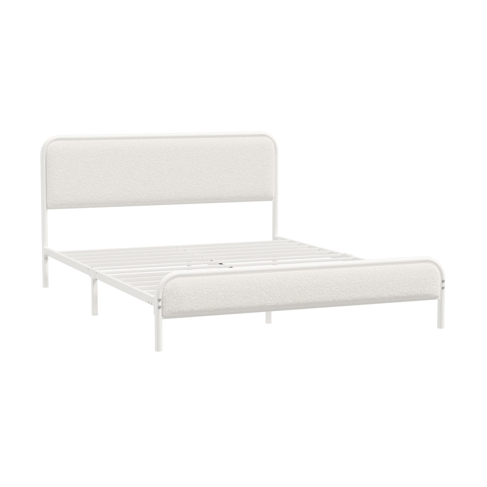 Aliana Beige Boucle Fabric Metal Bed | Durable Modern Minimalist Metal Bed Frame