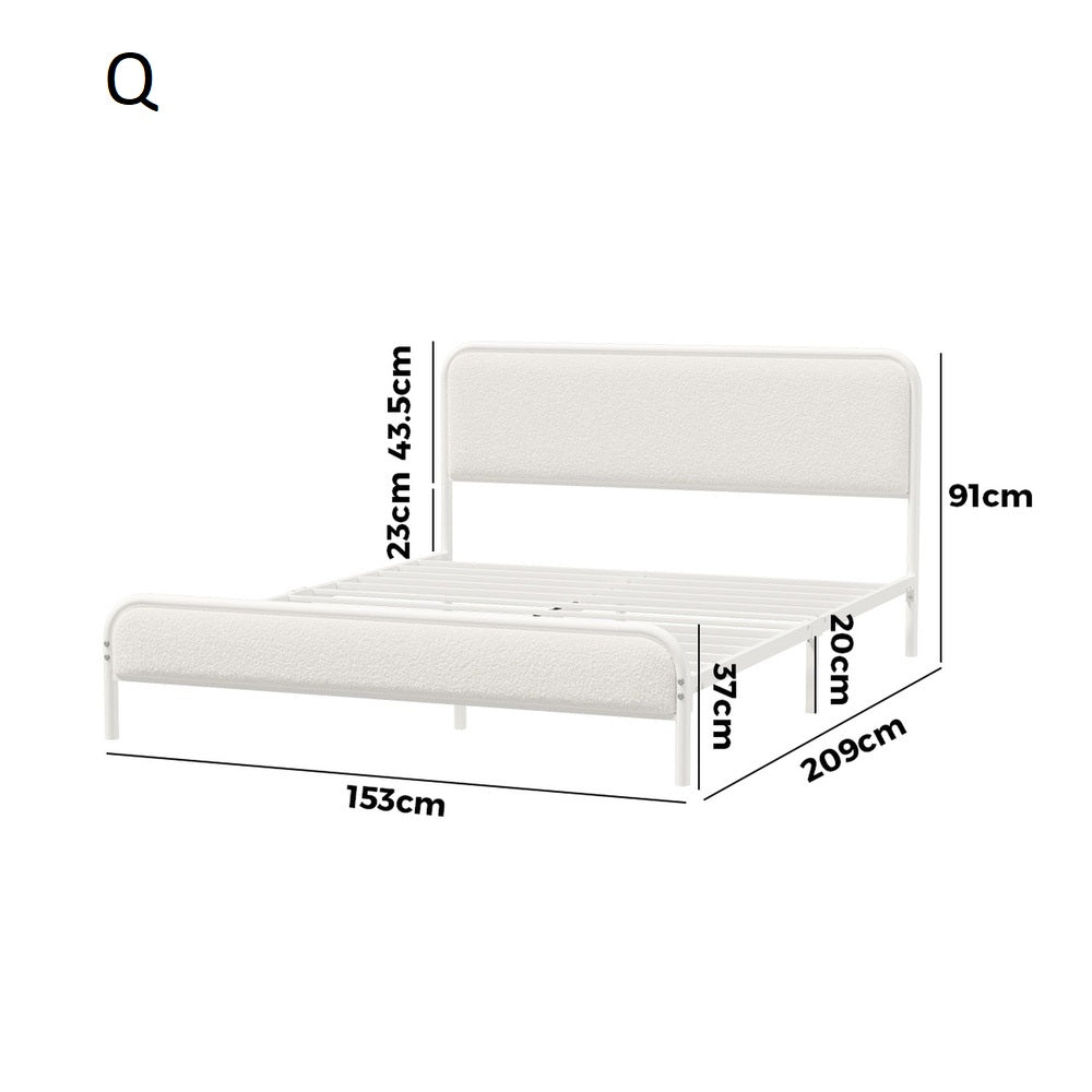 Aliana Beige Boucle Fabric Metal Bed | Durable Modern Minimalist Metal Bed Frame