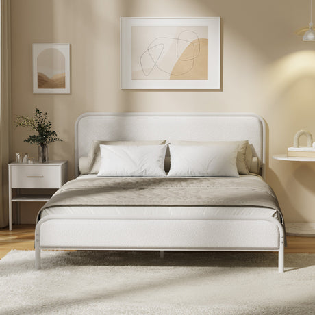 Aliana Beige Boucle Fabric Metal Bed | Durable Modern Minimalist Metal Bed Frame