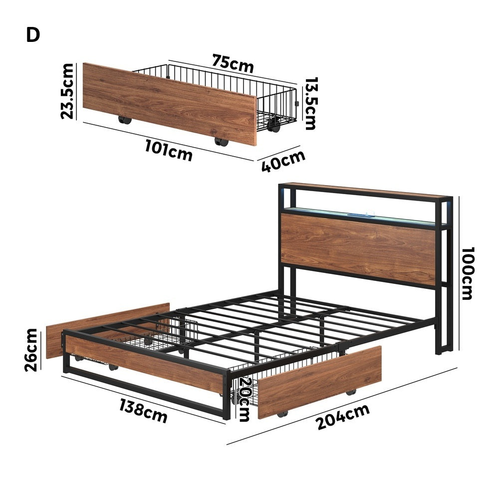 Pazzi Wood Metal LED Lights Storage Bed | Multi Functional Storage LED and USB Bed Frame