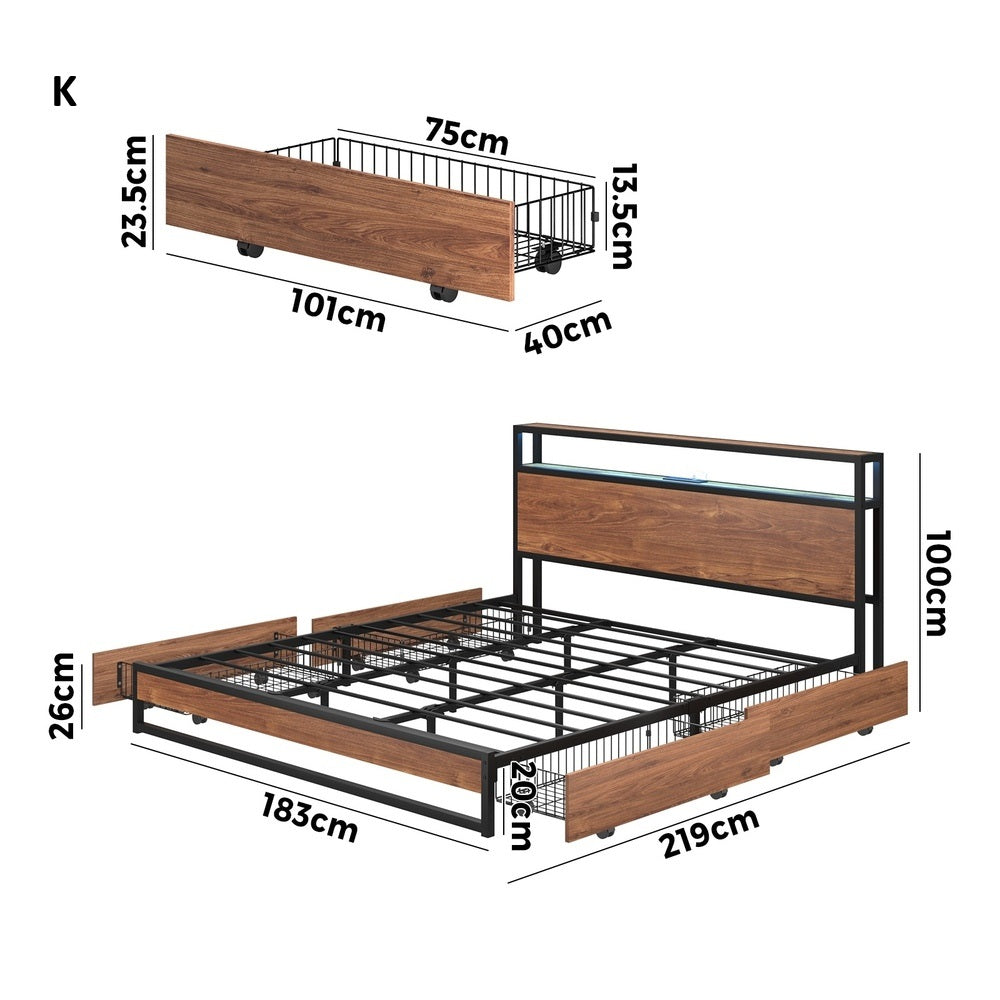 Pazzi Wood Metal LED Lights Storage Bed | Multi Functional Storage LED and USB Bed Frame