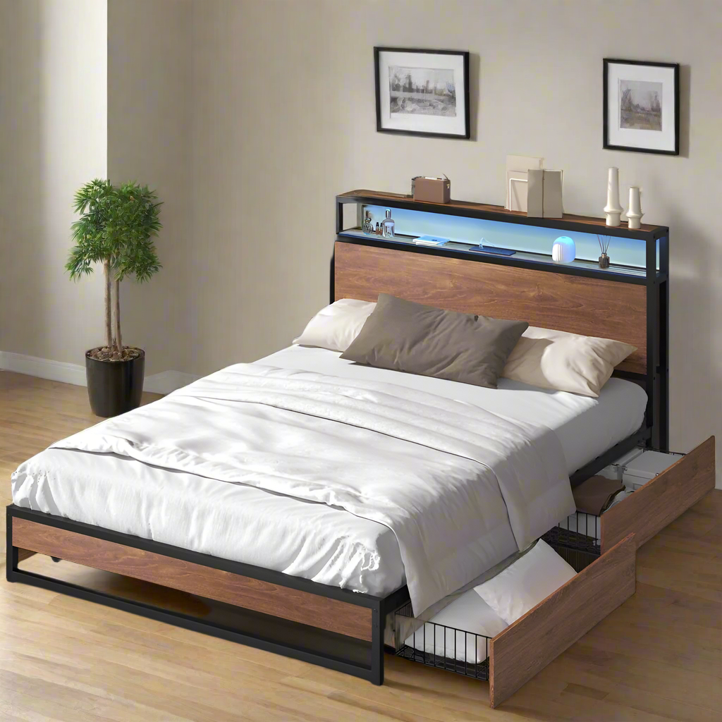 Pazzi Wood Metal LED Lights Storage Bed | Multi Functional Storage LED and USB Bed Frame