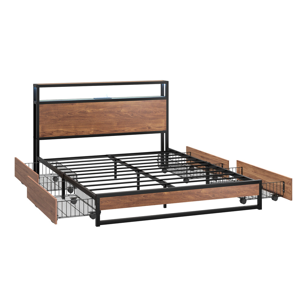 Pazzi Wood Metal LED Lights Storage Bed | Multi Functional Storage LED and USB Bed Frame