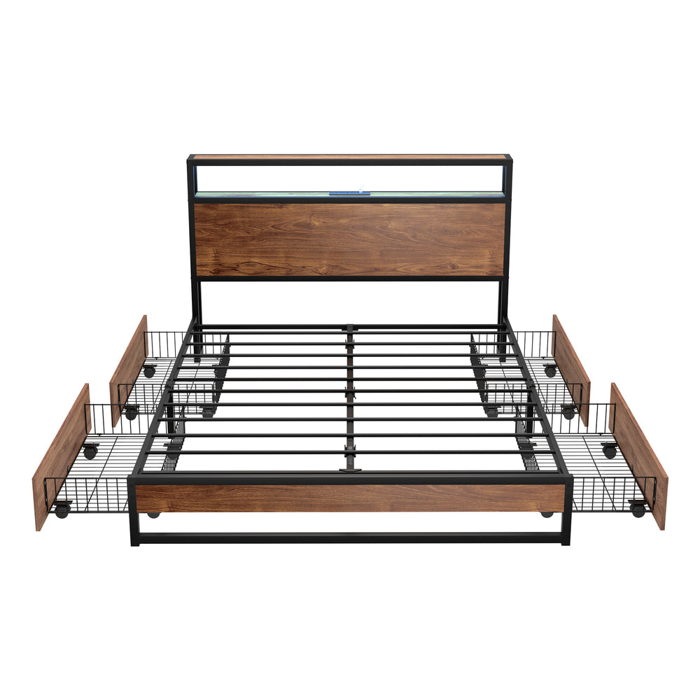 Pazzi Wood Metal LED Lights Storage Bed | Multi Functional Storage LED and USB Bed Frame