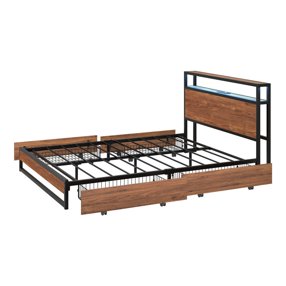 Pazzi Wood Metal LED Lights Storage Bed | Multi Functional Storage LED and USB Bed Frame