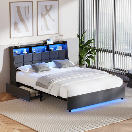 Amaro LED Storage Bed with USB Charging | Grey Fabric Headboard Storage LED Lights Bed Frame