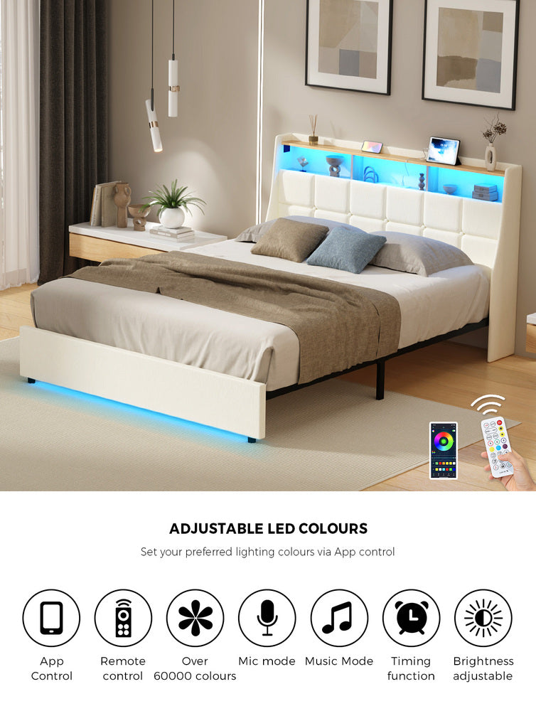 Amaro Beige LED Storage Bed with USB Charging | Fabric Headboard Storage LED Lights Bed Frame