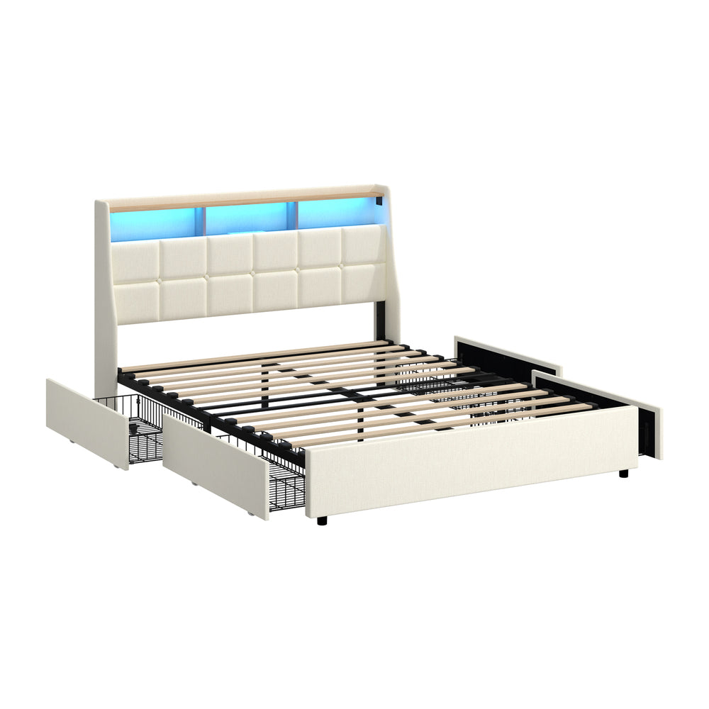 Amaro Beige LED Storage Bed with USB Charging | Fabric Headboard Storage LED Lights Bed Frame