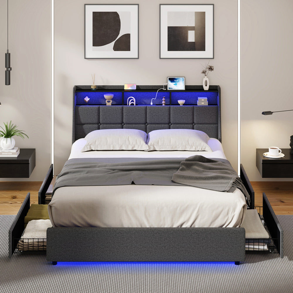 Amaro LED Storage Bed with USB Charging | Grey Fabric Headboard Storag ...
