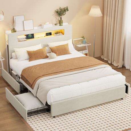 Sannero LED Storage Bed with USB Charging | Metal Frame White Linen Fabric LED Lights Bed Frame