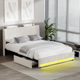 Palazzo LED Storage Bed w USB Charging | Beige Premium Soft Fabric Ambient Lighting Bed Frame
