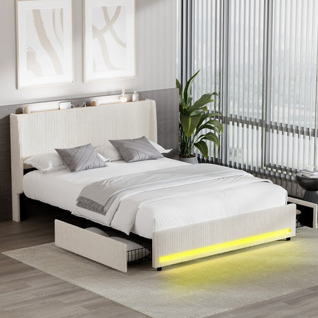 Palazzo LED Storage Bed w USB Charging | Beige Premium Soft Fabric Ambient Lighting Bed Frame
