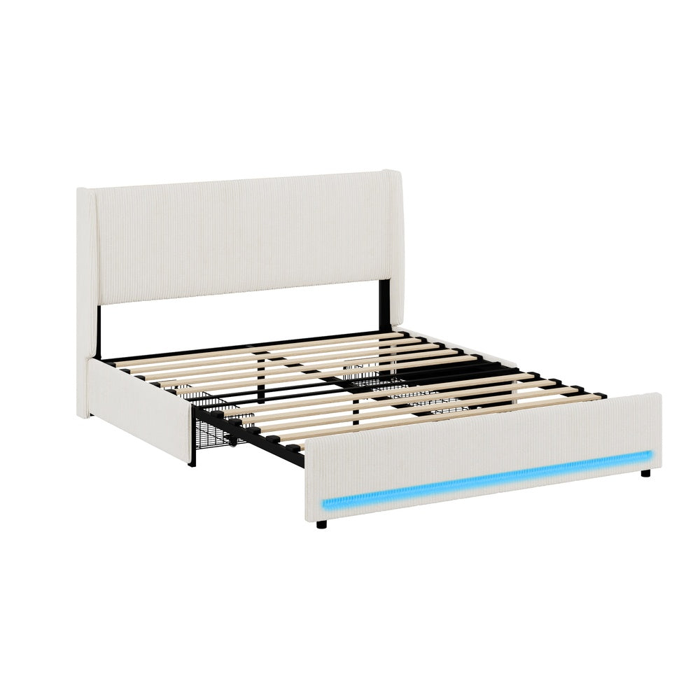 Palazzo LED Storage Bed w USB Charging | Beige Premium Soft Fabric Ambient Lighting Bed Frame