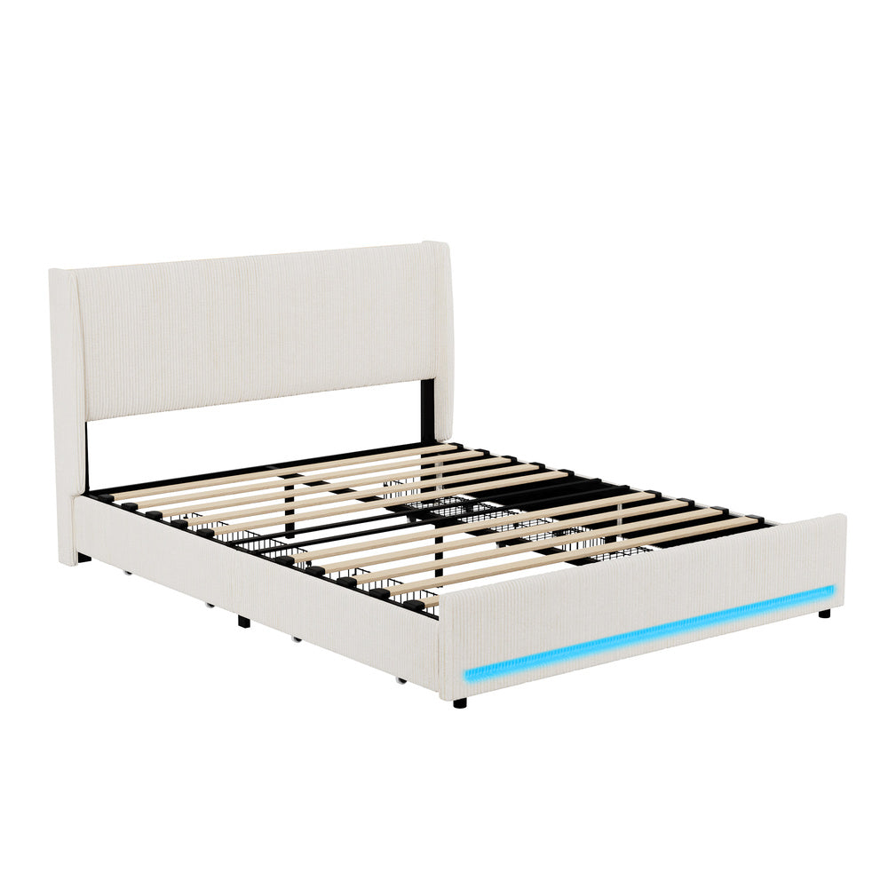 Palazzo LED Storage Bed w USB Charging | Beige Premium Soft Fabric Ambient Lighting Bed Frame
