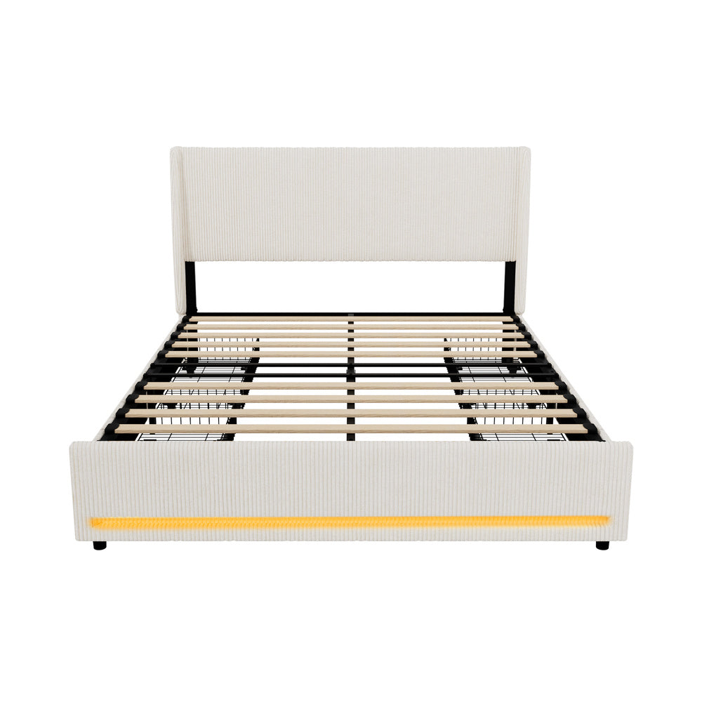 Palazzo LED Storage Bed w USB Charging | Beige Premium Soft Fabric Ambient Lighting Bed Frame