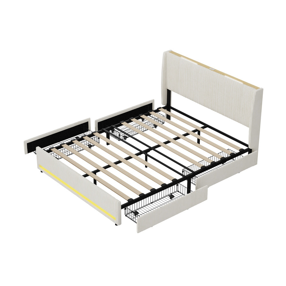 Palazzo LED Storage Bed w USB Charging | Beige Premium Soft Fabric Ambient Lighting Bed Frame