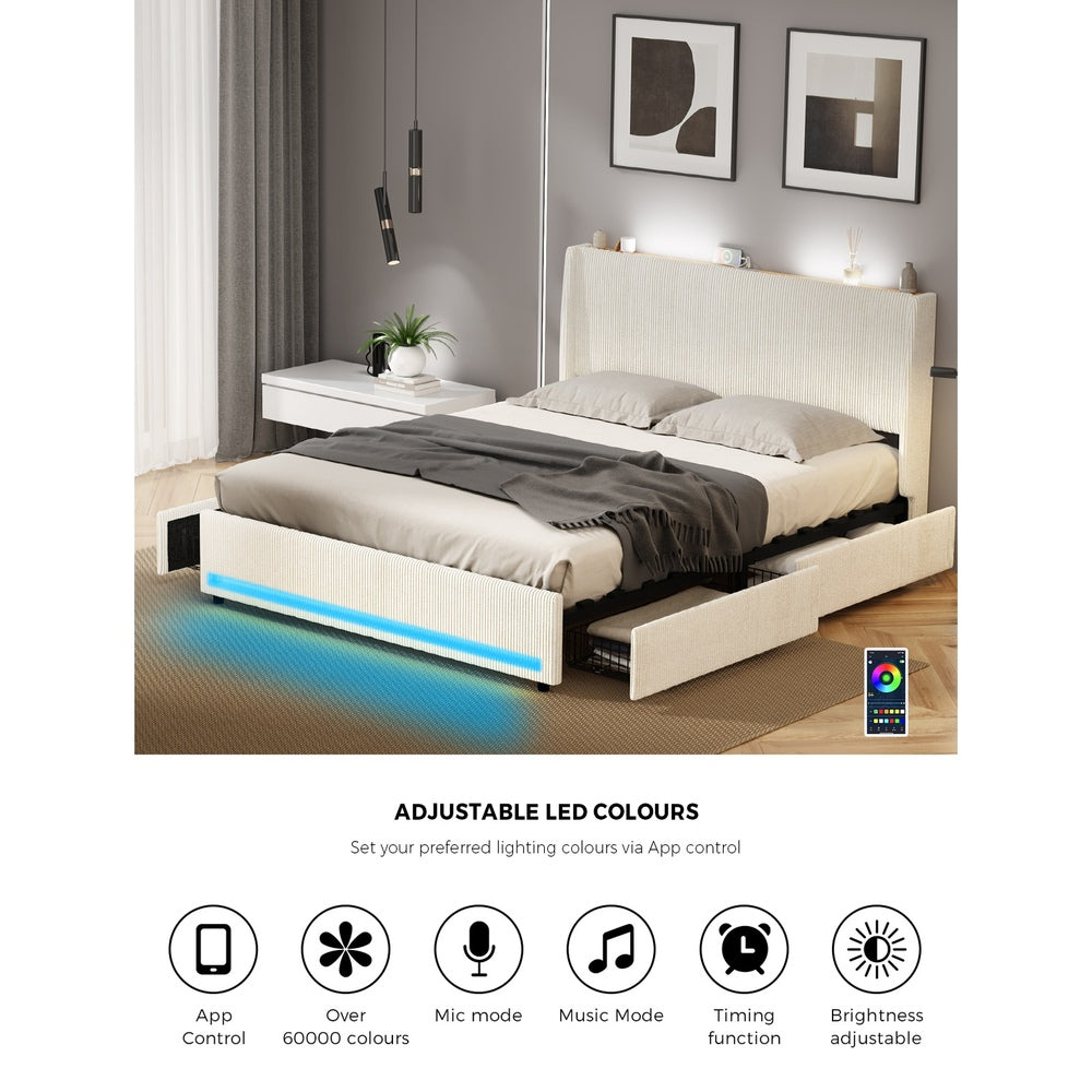 Palazzo LED Storage Bed w USB Charging | Beige Premium Soft Fabric Ambient Lighting Bed Frame
