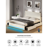 Palazzo LED Storage Bed w USB Charging | Beige Premium Soft Fabric Ambient Lighting Bed Frame