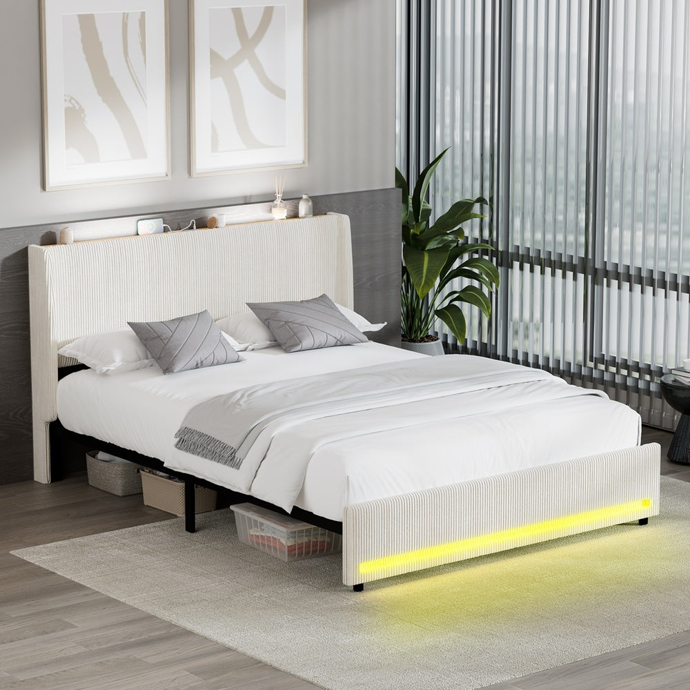 Palazzo LED Storage Bed w USB Charging | Beige Premium Soft Fabric Ambient Lighting Bed Frame