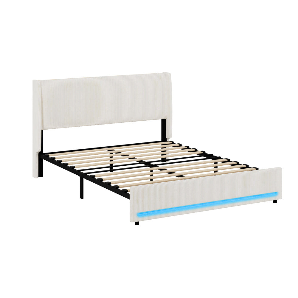 Palazzo LED Storage Bed w USB Charging | Beige Premium Soft Fabric Ambient Lighting Bed Frame