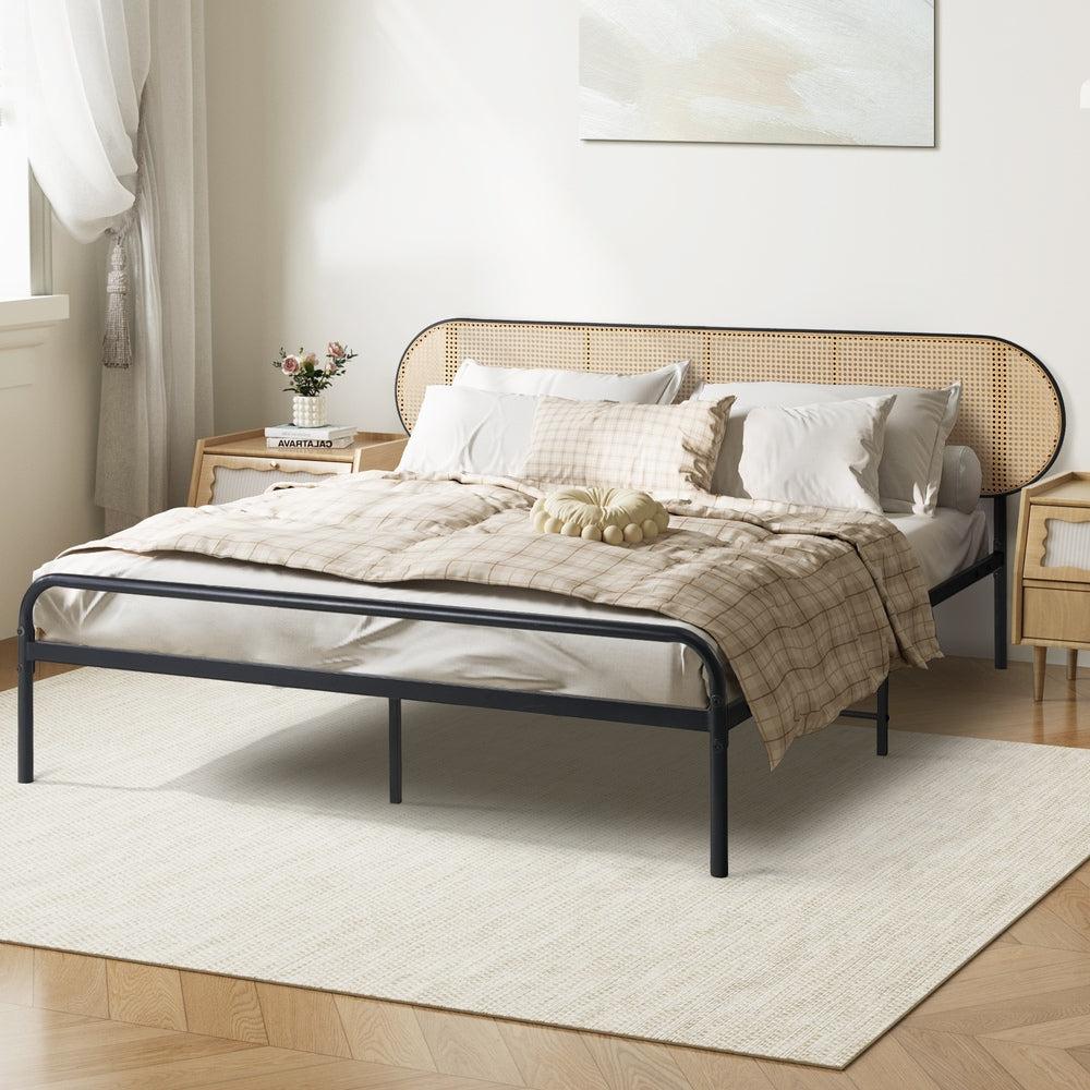 Mona Retro Modern Arched Rattan and Metal Bed Frame | Strong Metal Frame Bed with Rattan Headboard