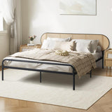 Mona Retro Modern Arched Rattan and Metal Bed Frame | Strong Metal Frame Bed with Rattan Headboard