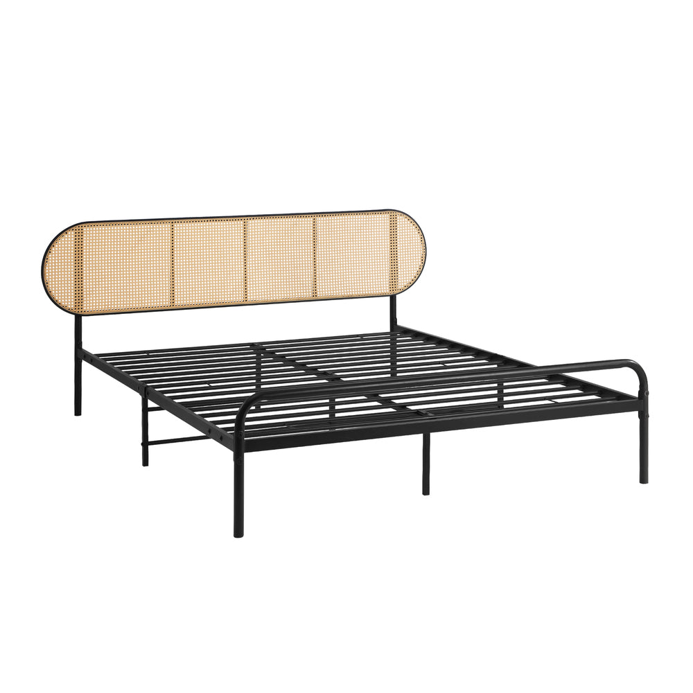 Mona Retro Modern Arched Rattan and Metal Bed Frame | Strong Metal Frame Bed with Rattan Headboard