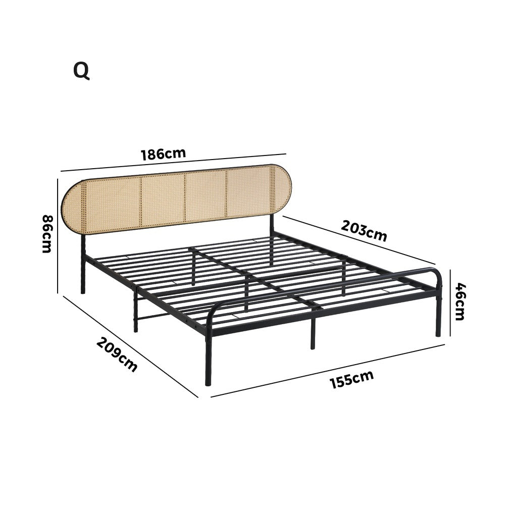 Mona Retro Modern Arched Rattan and Metal Bed Frame | Strong Metal Frame Bed with Rattan Headboard