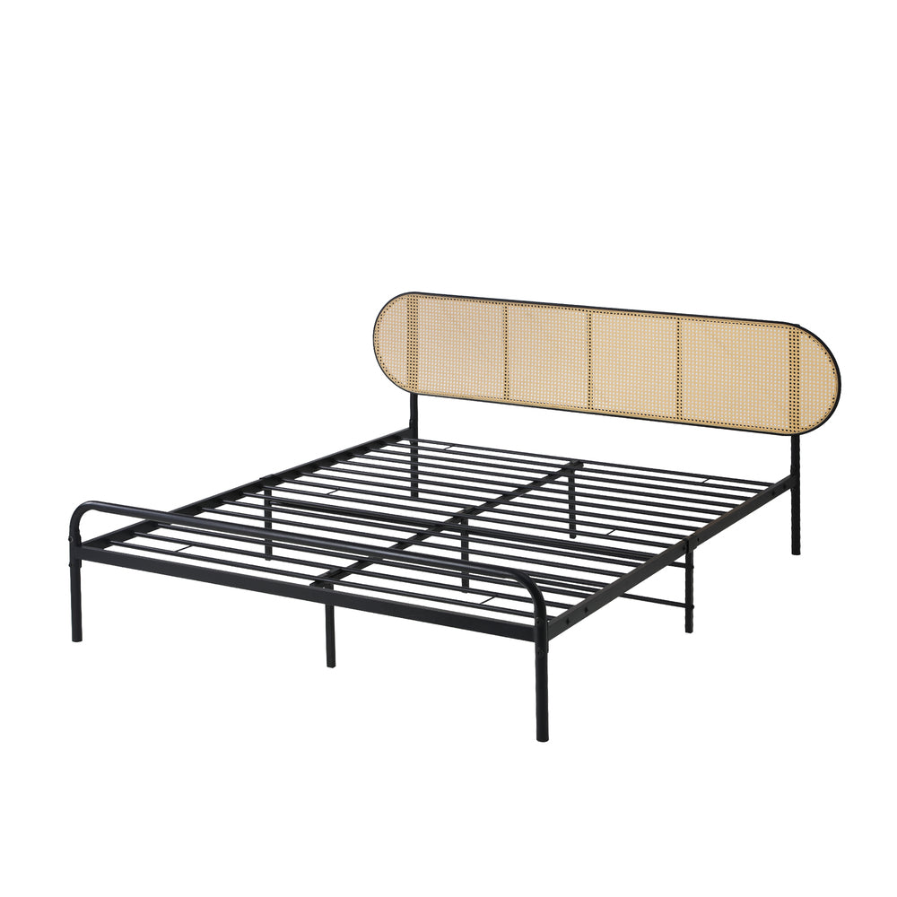 Mona Retro Modern Arched Rattan and Metal Bed Frame | Strong Metal Frame Bed with Rattan Headboard